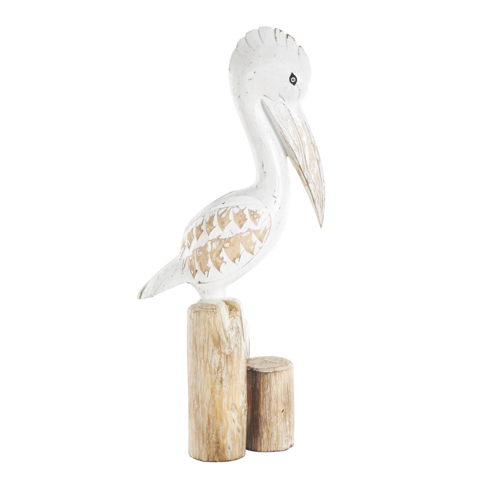 24" White Wood Pelican Handmade Distressed Sculpture with 3 Brown Posts